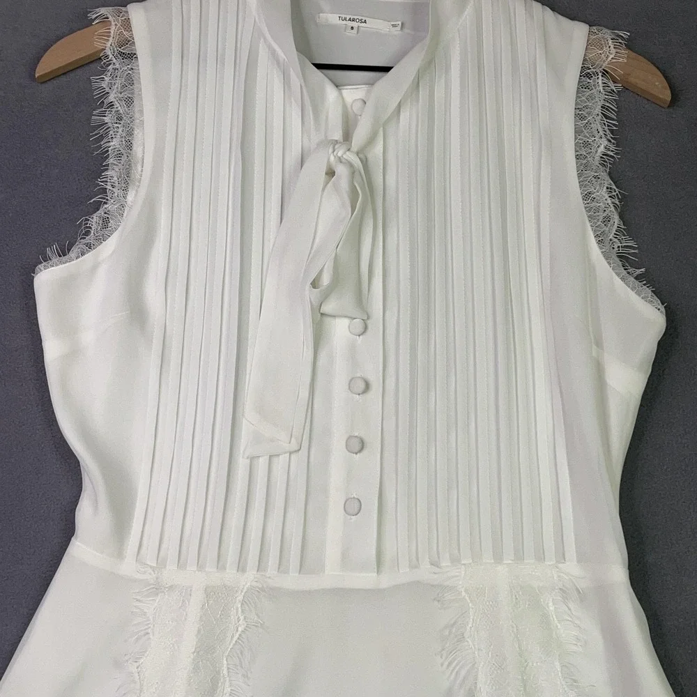 Tularosa White Sleeveless Tie Neck Lace Trim Fit &‎ Flare Dress Women's Small - Picture 3 of 11